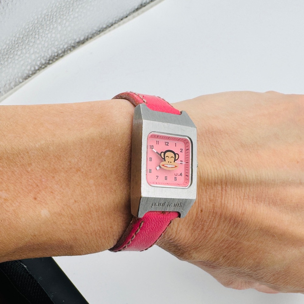 Rare Paul Frank Watch Julius Monkey Face Dial Pink Leather Band Japan Movement